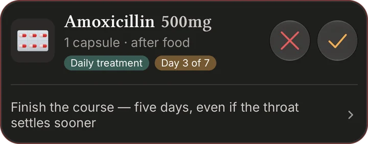 A Journal dose: Amoxicillin 500 mg, day 3 of 7, with its note