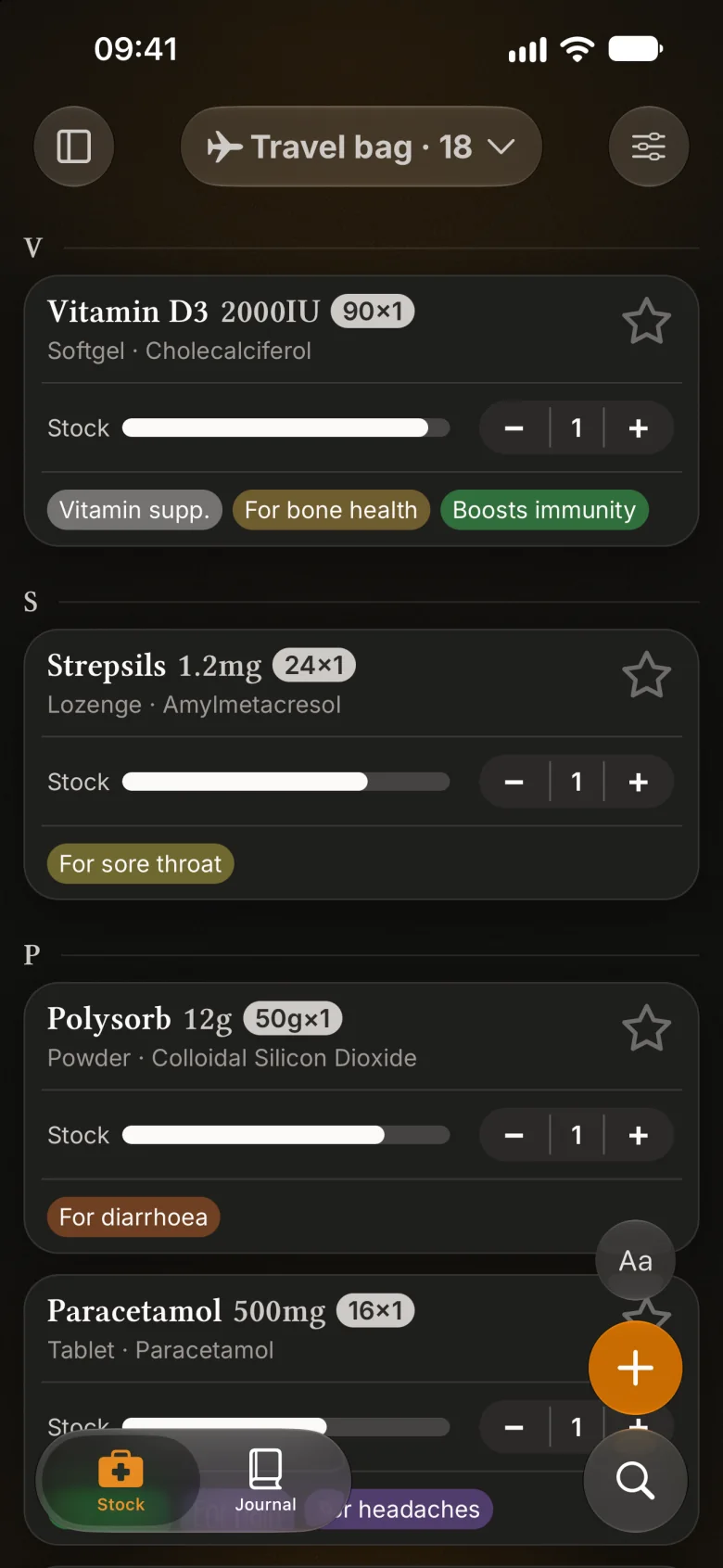 Stock in the Travel bag collection: Vitamin D3, Strepsils, Polysorb and Paracetamol under their letters