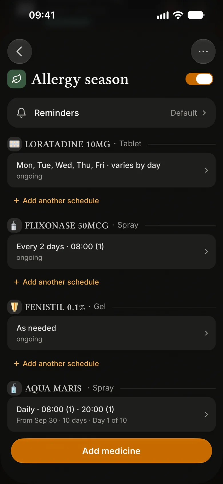 The Allergy season course: Loratadine on weekdays, Flixonase every two days, Fenistil as needed, Aqua Maris twice daily for ten days
