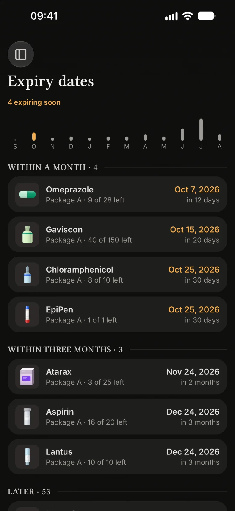The expiry ledger: packs grouped into within a month, within three months and later